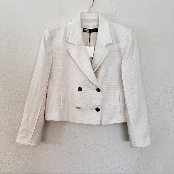 NWT Zara Tweed Crop White Gold Button Blazer XL - Picture 1 of 5